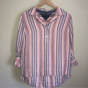 TOMMY Hilfiger Vintage 90s Pink, Blue&white Striped Roll Up Sleeve Blouse Size M